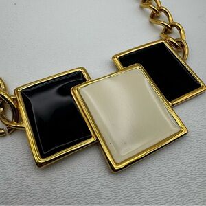 Vintage Monet Geometric Mod Statement Necklace Chunky SIGNED Gold Black Enamel